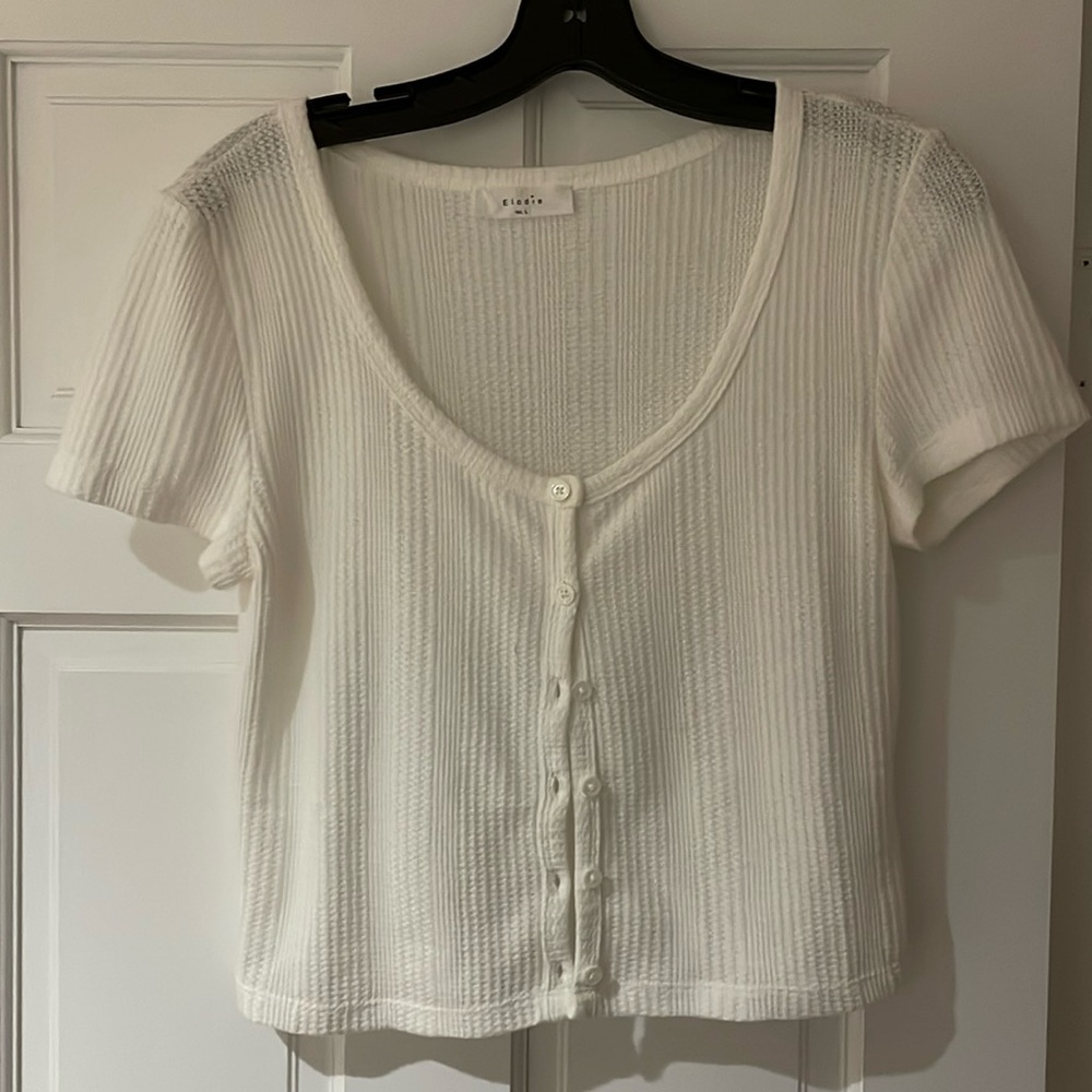 Elodie white waffle short sleeve button up crop top tshirt in size large